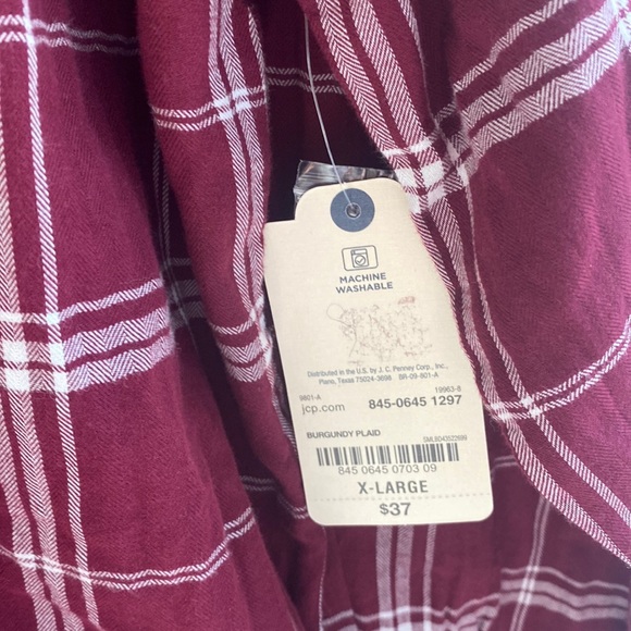 St. John’s Bay Burgundy plaid long-sleeve button down unisex top, Size XL, NWT - Picture 6 of 8